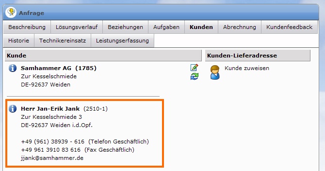 Incident-Detailansicht - Tab "Kunde" Abschnitt für Ansprechpartnerinformationen