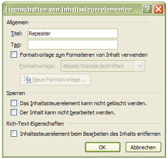 Repeater Eigenschaften einstellen