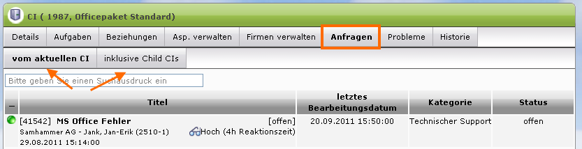 Anfragen mit aufgerufenem/zugeordnetem CI
