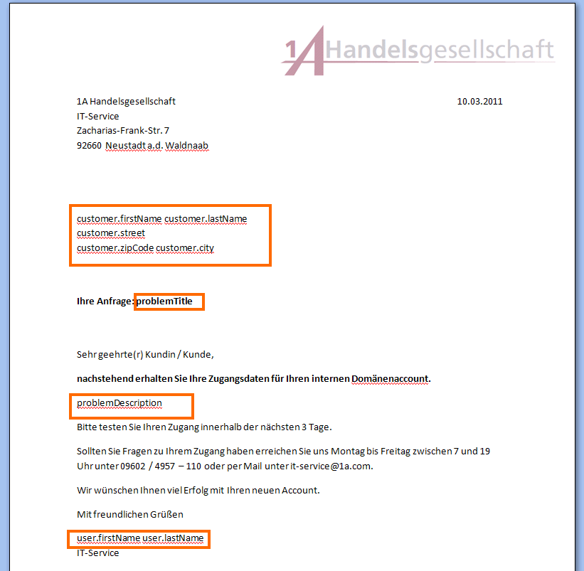 Beispiel für Dokument Vorlage mit Platzhaltern