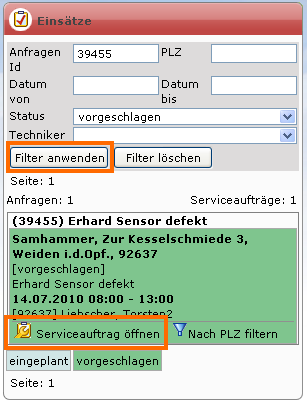 Serviceauftrag aus dem Einsatzplaner öffnen